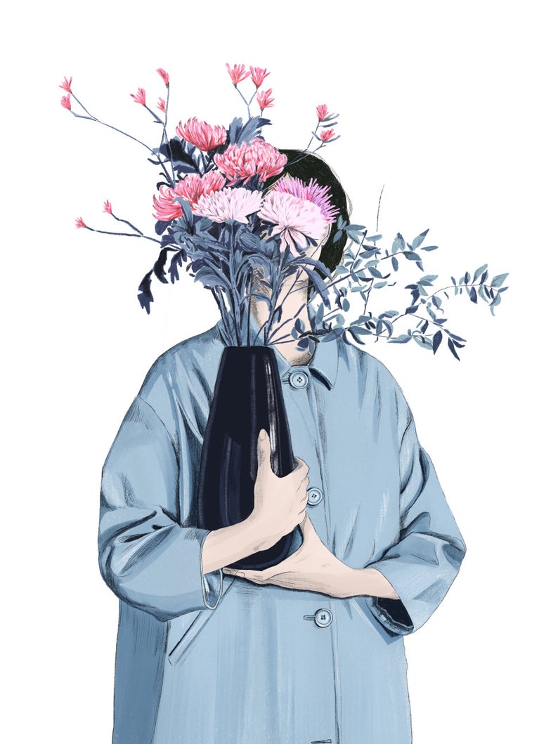Illustration of a woman holding a vase of flowers in front of her that cover her face. She has a light blue rain coat and black hair. Colors are white, light blue, dark blue, black and a few shades of pink.