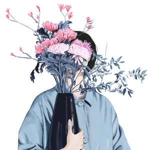 Upper detail of an ilustration of a woman holding a vase of flowers in front of her that cover her face. She has a light blue rain coat and black hair. Colors are white, light blue, dark blue, black and a few shades of pink.
