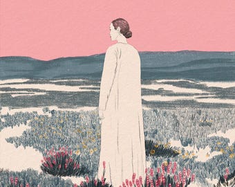 Lámina artística Mujer en paisaje floral, Arte mural sobre salud mental, Póster de campo de flores silvestres