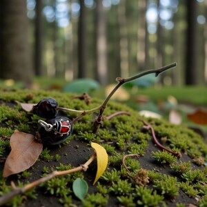 May include: A small silver charm shaped like a ladybug with a bright red enamel back and black spots. The charm features a small circular loop at the top for attachment and is positioned resting against a dark, round berry on a mossy surface.