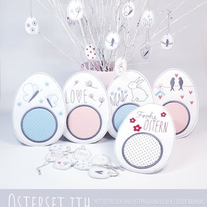 Könnte beinhalten: Ein Set mit fünf Stickdateien für Ostern. Die Designs beinhalten ein Häschen, Vögel, Schmetterlinge und die Worte "Love" und "Frohe Ostern".