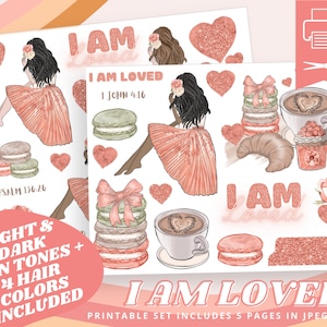 Könnte beinhalten: Druckbare Sticker-Tabelle mit dem Text "I AM LOVED" in pinker Neon-Schrift. Die Tabelle enthält Illustrationen einer Frau in einem rosa Kleid, Macarons, Kaffee, einem Croissant und Herzen. Der Text "LIGHT & DARK SKIN TONES + 4 HAIR COLORS INCLUDED" ist ebenfalls auf der Tabelle.