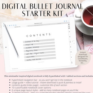 May include: A digital bullet journal starter kit with a contents list showing the different sections included. The kit is designed for use with GoodNotes, Notability, and other note-taking apps. The kit includes a hyperlinked navigation bar, usage guide, video tutorial, customizable notebook cover options, and 93 bonus stickers.