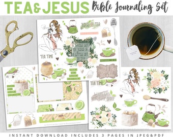 Tea & Jesus Printable Sticker Sheet for Bible Journaling, Faith Planner, Christian Devotional, Bible Art