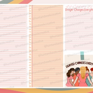 May include: A printable planner page with a pink and peach background. The page has a lined section with the text "Prayer Changes Everything" and a graphic of a group of women praying together.