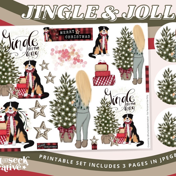 Jingle & Jolly Light Skin, Christmas Dog, Printable Sticker Sheet-Bible Journaling, Faith Planner, Christian Prayer Journal Accessories