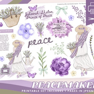 Peace & Lavender Clipart Printable Sticker Sheet for Bible Journaling-Faith Planner-Christian Art-Prayer Journal | Peaceful Woman Clipart