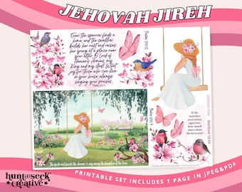 Puede incluir: Arte imprimible con una ilustración de acuarela de una mujer sentada en un columpio con mariposas y flores. El texto "Jehovah Jireh My Provider" está incluido en el diseño. Los versículos bíblicos "Salmo 84:14" y "Mateo 10:29" también están incluidos.