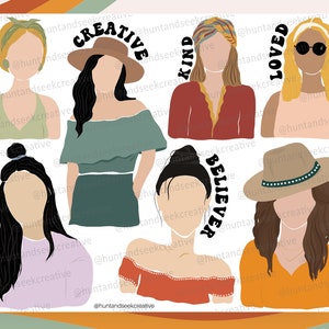 May include: Eight colorful illustrations of women with different hairstyles and clothing. Each illustration has a word written above it: "Free", "Creative", "Kind", "Loved", "Godly", "Believer", "Gentle".