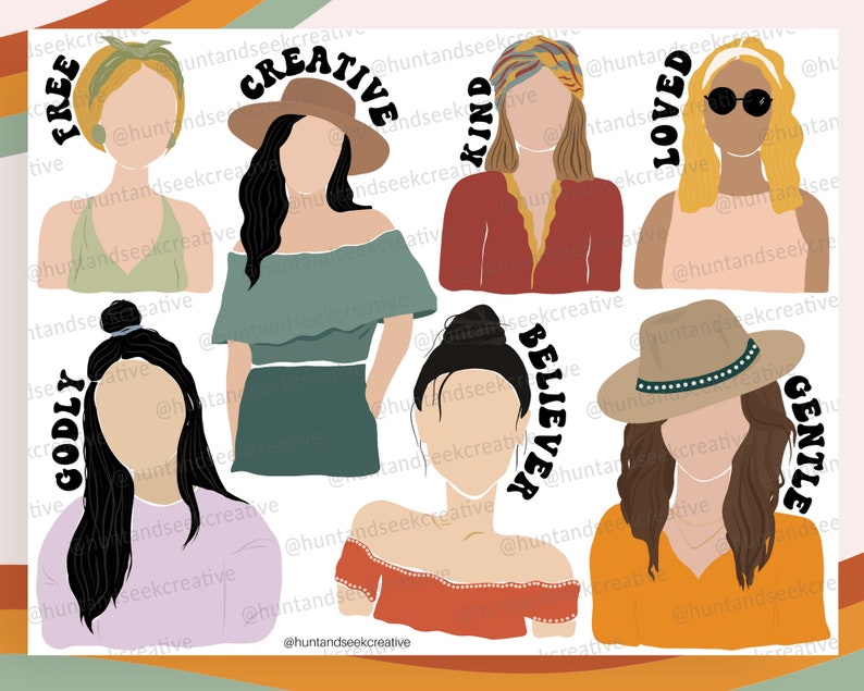 May include: Eight colorful illustrations of women with different hairstyles and clothing. Each illustration has a word written above it: "Free", "Creative", "Kind", "Loved", "Godly", "Believer", "Gentle".