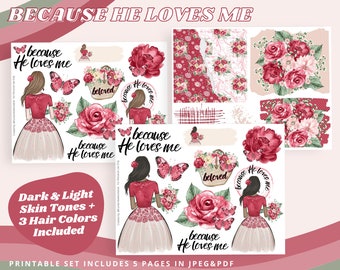 May include: Printable digital paper pack with a pink and white floral theme. The pack includes five pages with various designs, including a woman in a red dress with the text "because He loves me", a basket of flowers with the text "beloved", and floral patterns.