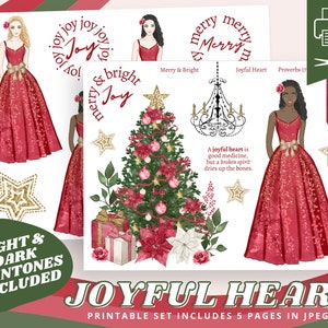 Joyful Heart | Merry & Bright | Christmas Girl | Printable Sticker Sheet for Bible Journaling, Faith Planner, Christian Art, Prayer Journal