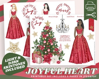 Joyful Heart | Merry & Bright | Christmas Girl | Printable Sticker Sheet for Bible Journaling, Faith Planner, Christian Art, Prayer Journal
