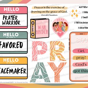 May include: A set of colorful digital stickers with a prayer theme. The stickers feature the words "Pray", "Prayer Warrior", "Favored", "Peacemaker", and "Girl, pray! God's got this!" along with scripture references and a quote by Oswald Chambers. The stickers are designed with a wavy, abstract pattern in pink, yellow, and green.