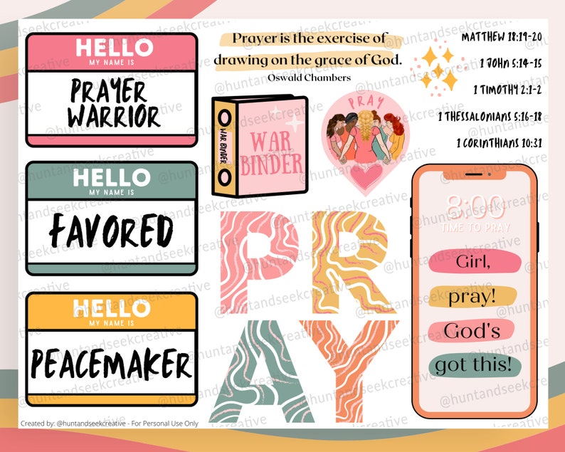May include: A set of colorful digital stickers with a prayer theme. The stickers feature the words "Pray", "Prayer Warrior", "Favored", "Peacemaker", and "Girl, pray! God's got this!" along with scripture references and a quote by Oswald Chambers. The stickers are designed with a wavy, abstract pattern in pink, yellow, and green.