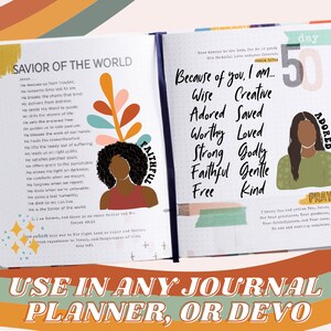 May include: A printable journal page with a colorful design and the text "Savior of the World" and "Because of you, I am... Wise, Creative, Adored, Saved, Worthy, Loved, Strong, Godly, Faithful, Gentle, Free, Kind".