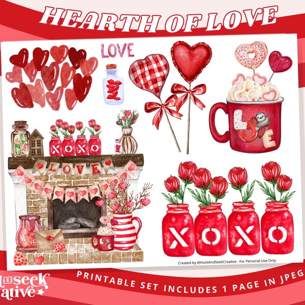 Hearth of Love, Valentines, Love Mantle, Printable Stickers - Bible Journal, Faith Planner, Bible Margin Art, Journaling, Scrapbook Ephemera