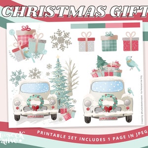Könnte beinhalten: Druckbare Weihnachts-Sticker-Tabelle mit einem Oldtimer mit einem Kranz und Geschenken auf dem Dach, einem Weihnachtsbaum, Schneeflocken und verschiedenen Geschenkboxen. Der Text "SANTA CLAUS" steht auf dem Auto.