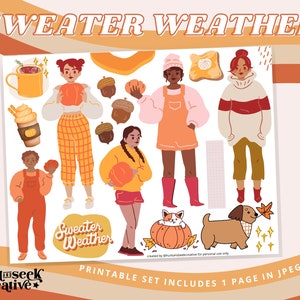 Sweater Weather, Pumpkin Girls, Fall Printable Sticker Sheet for Bible Journaling - Faith Planner, Christian Scrapbook, Mixed Media, Art