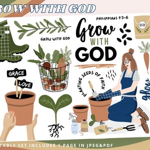 Crecer con Dios, Diario Bíblico Imprimible, Primavera, Pegatinas y Suministros de Diario, Semillas de Mostaza de Fe, Planificador de Plantas, Técnica Mixta