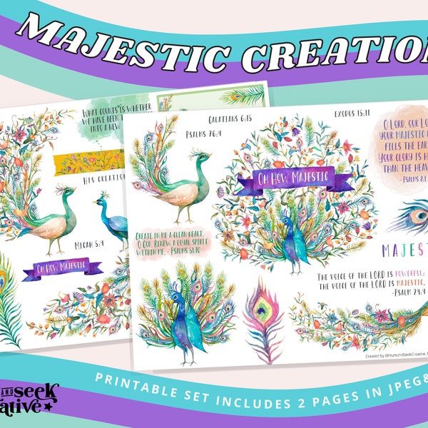 Majestic Creation Peacocks, Printable Sticker Sheet -Bible Journaling, Faith Planner, Christian Art, Prayer Journal, Peacock Feather Clipart