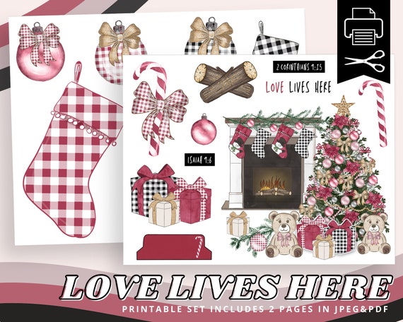 Love Lives Here, Gingham Christmas Stockings Clipart, Printable Sticker Sheet for Bible Journaling, Faith Planner, Christian Prayer Journal