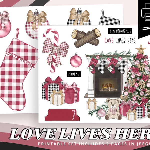 Love Lives Here, Gingham Christmas Stockings Clipart, Printable Sticker Sheet for Bible Journaling, Faith Planner, Christian Prayer Journal