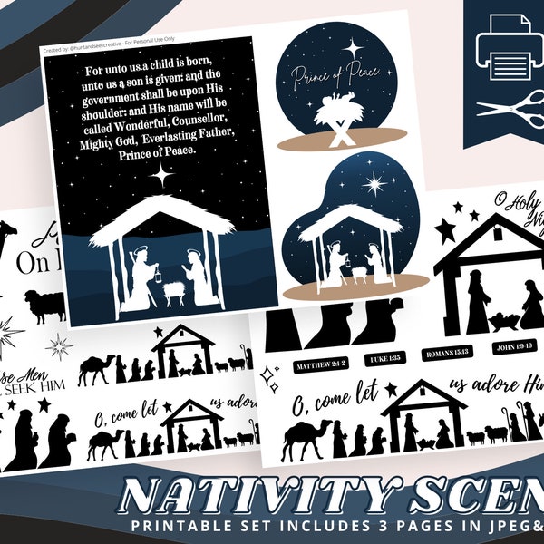 Nativity Scene Clipart, O Holy Night, Peace on Earth, Wise Men Printable Sticker Sheet for Bible Journaling - Faith Planner - Scrapbooking