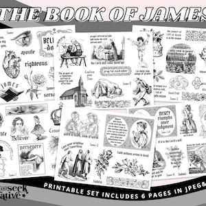 Il Libro di Giacomo, Adesivi stampabili per l&#39;inserimento nel diario della Bibbia, Clipart devozionali, Grafica del pianificatore di fede, Effimera cristiana, Arte della linea vintage