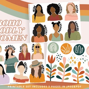 Boho Godly Women Printable Stickers for Bible Journaling, Faith Planner Dolls, Creative Journal, Mixed Media, Abstract Earth Tones Prints