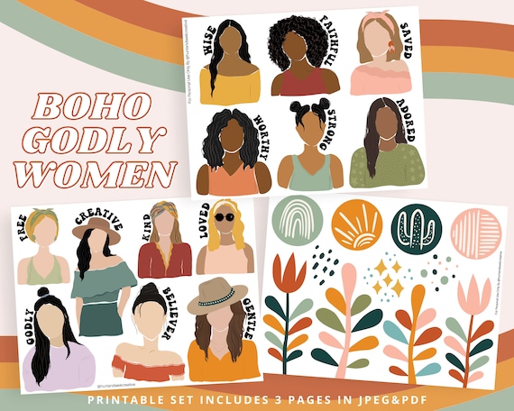 Boho Godly Women Printable Stickers for Bible Journaling, Faith Planner Dolls, Creative Journal, Mixed Media, Abstract Earth Tones Prints