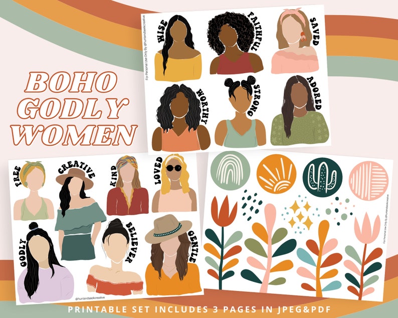 May include: Printable set of 3 pages with illustrations of women with different hairstyles and skin tones. Each woman has a word describing her character, such as "wise", "faithful", "strong", "creative", "kind", "loved", "believer", and "gentle". The set also includes illustrations of flowers, a rainbow, a sun, a cactus, and a striped pattern.