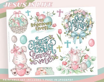 Easter Bible Journaling Printable sticker sheet, My Redeemer Lives, Christian ephemera, Journal Supplies, Bible Margin Art, Jesus, Bunny