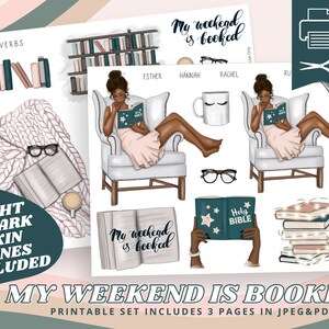 My Weekend Is Booked - Book Lover, Woman Reading Planner Girl, Printable Sticker Sheet for Bible Journaling - Prayer Journal - Faith Art