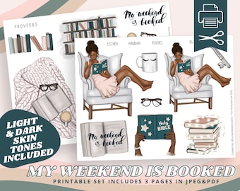 My Weekend Is Booked - Book Lover, Woman Reading Planner Girl, Printable Sticker Sheet for Bible Journaling - Prayer Journal - Faith Art