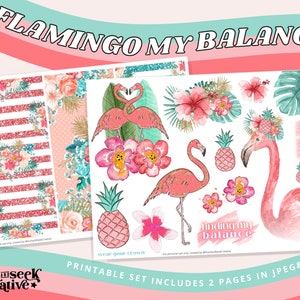 Op de afbeelding: Printbare set met roze flamingo's, ananas en tropische bloemen met de tekst "Finding my balance" en "Wear your crown". De set bevat twee pagina's in JPEG- en PDF-formaat.