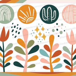 May include: A set of digital clipart featuring various illustrations in a modern style. The illustrations include a rainbow, a sun, a cactus, a striped pattern, a flower with a red bloom, a flower with a pink bloom, and a green plant with leaves.