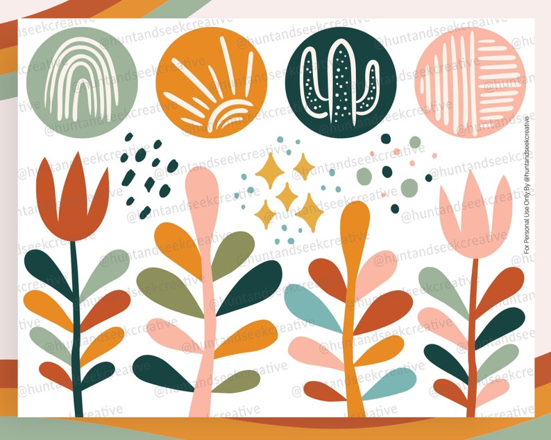 May include: A set of digital clipart featuring various illustrations in a modern style. The illustrations include a rainbow, a sun, a cactus, a striped pattern, a flower with a red bloom, a flower with a pink bloom, and a green plant with leaves.