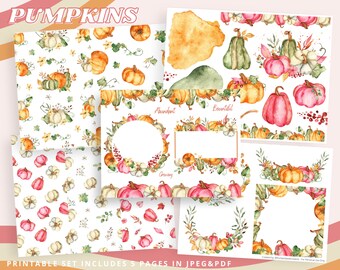 Watercolor Pumpkins & Frames, Fall, Autumn Printable Sticker Sheet for Bible Journaling - Faith Planner, Mixed Media, Scrapbook, Ephemera