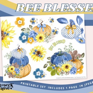 Bee Blessed Zonnebloem, Blauwe Gingham Pompoenen Clipart, Herfst & Herfst Afdrukbaar stickerblad voor Bijbeldagboek, Geloofsplanner, Gebedsdagboek