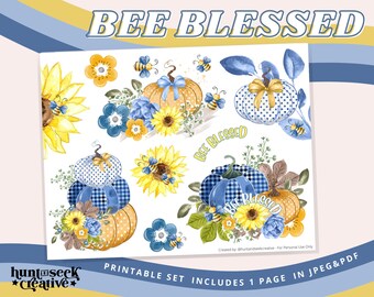 Bee Blessed Sunflower, Blue Gingham Pumpkins Clipart, Fall & Autumn Printable Sticker Sheet for Bible Journal, Faith Planner, Prayer Journal