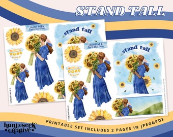 Stand Tall Sunflower Summer Girl, Printable Stickers for Bible Journaling, Follow Jesus, Faith Planner Graphics, Christian Bible Clipart