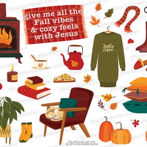 May include: A collection of autumn-themed illustrations, including a fireplace, a cozy armchair, a cat, a sweater, a teapot, books, candles, pumpkins, and leaves. The text "give me all the Fall vibes & cozy feels with Jesus" is on a red and white plaid blanket.