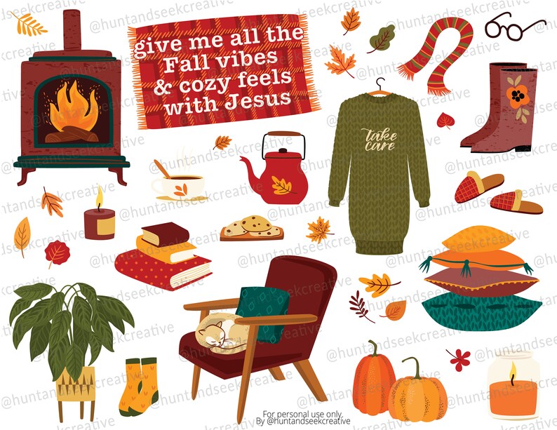 May include: A collection of autumn-themed illustrations, including a fireplace, a cozy armchair, a cat, a sweater, a teapot, books, candles, pumpkins, and leaves. The text "give me all the Fall vibes & cozy feels with Jesus" is on a red and white plaid blanket.