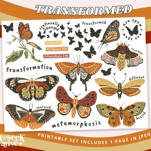 Transformación, Pegatinas imprimibles del Diario Bíblico, Efímera de Mariposa, Diario de Oración, Gráficos del Planificador de Fe, Imágenes Prediseñadas Cristianas, Transformadas