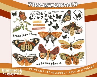 Transformation, Bible Journal Printable Stickers, Butterfly Ephemera, Prayer Journal, Faith Planner Graphics, Christian Clipart, Transformed