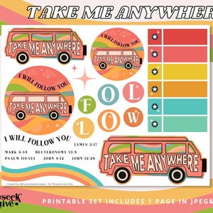 Take Me Anywhere, Printable Stickers for Bible Journaling, Follow Jesus, Faith Planner Graphics, Christian Bible Supplies & Clipart, retro