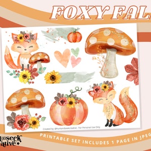 Foxy Fall & Pumpkins, afdrukbaar stickerblad voor Bijbeljournaling, Faith Planner, Prayer Journal Clipart, Fall Fox, Autumn Illustrations