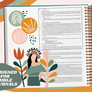 May include: A close-up of an open Bible journal with colorful abstract stickers and a woman with a hat and a green dress. The text "DESIGNED FOR BIBLE JOURNALS" is visible in the lower left corner.