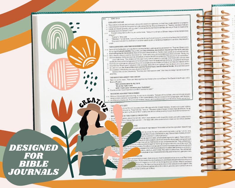 May include: A close-up of an open Bible journal with colorful abstract stickers and a woman with a hat and a green dress. The text "DESIGNED FOR BIBLE JOURNALS" is visible in the lower left corner.